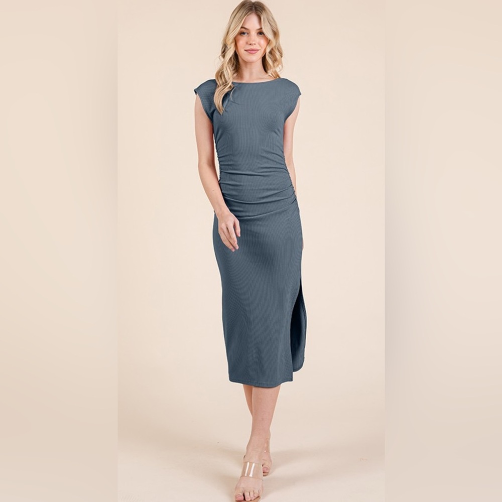 Cap sleeve boatneck open back midi dress women’s